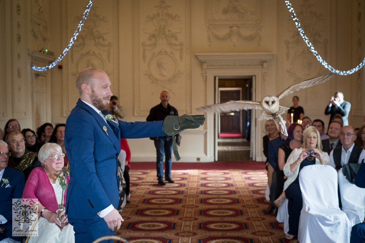 Owl delivering wedding rings at Lumley Castle